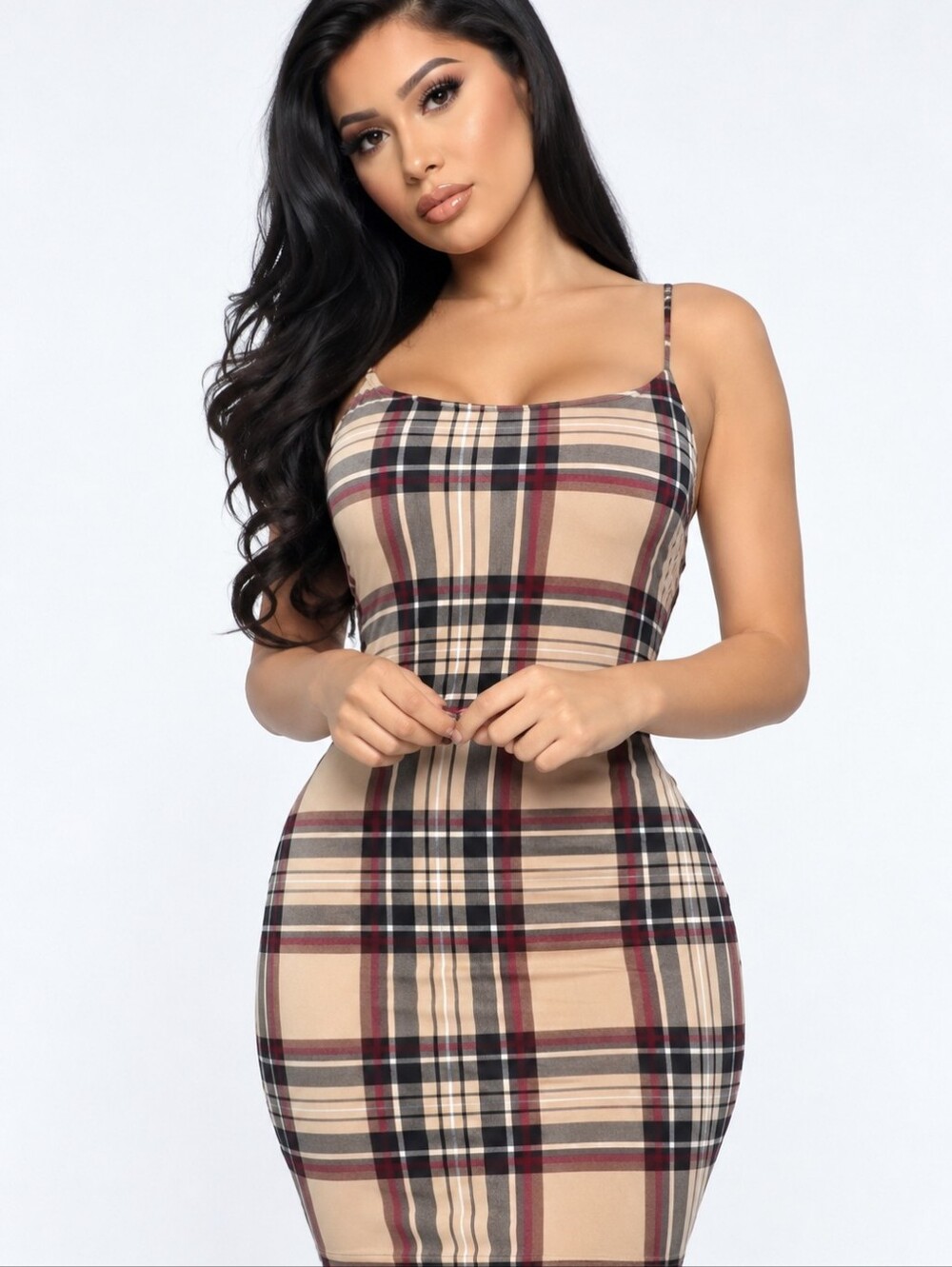 Fashion Nova Beige Plaid Cami Bodycon Dress with Burgundy and Black